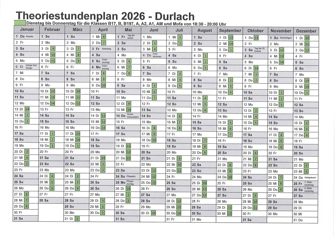 Theoriestundenplan 2026 – Durlach – Jahreskalender mit allen Theorieterminen