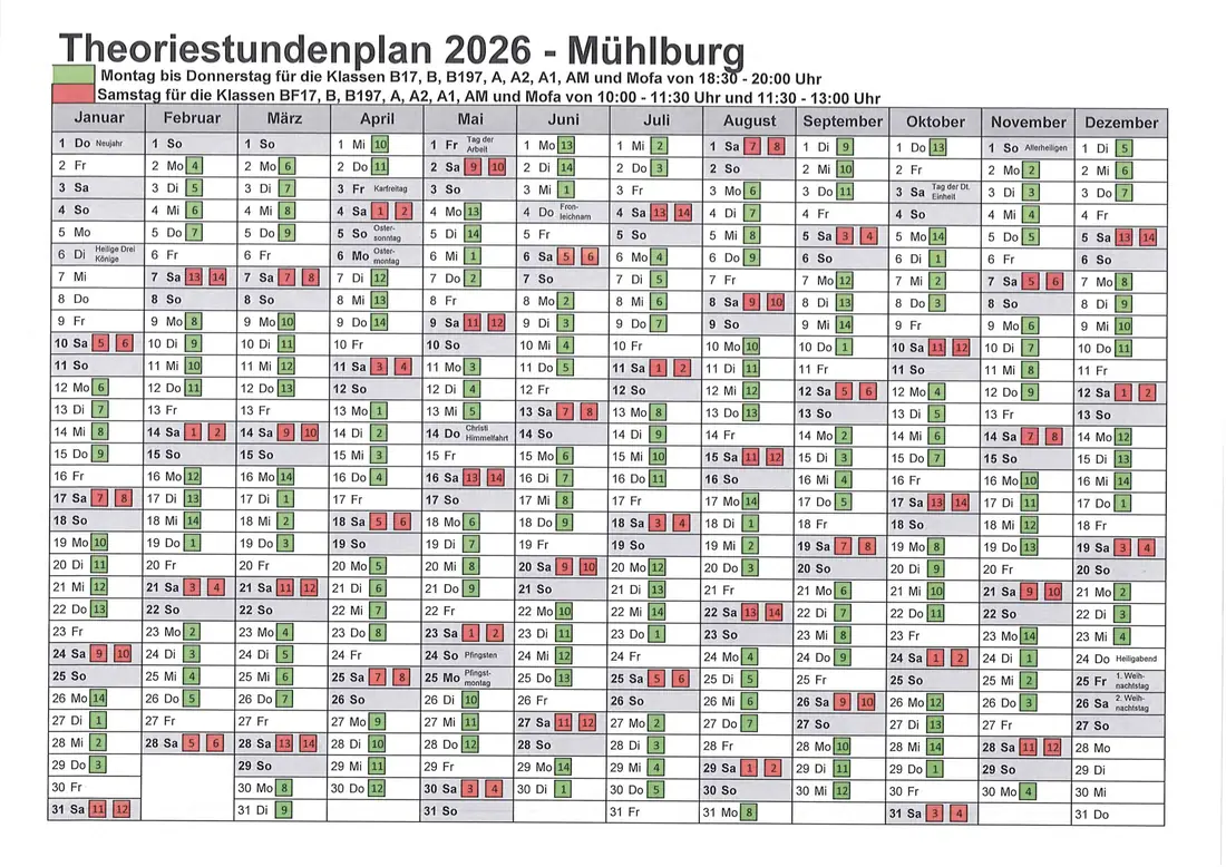 Theoriestundenplan 2026 – Mühlburg – Jahreskalender mit allen Theorieterminen