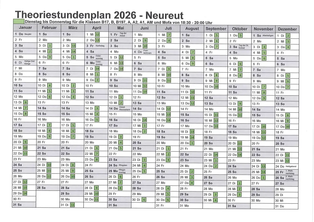 Theoriestundenplan 2026 – Neureut – Jahreskalender mit allen Theorieterminen