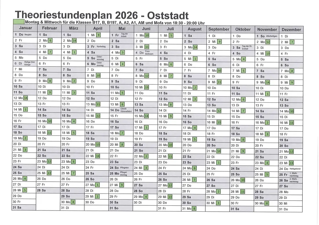 Theoriestundenplan 2026 – Oststadt – Jahreskalender mit allen Theorieterminen