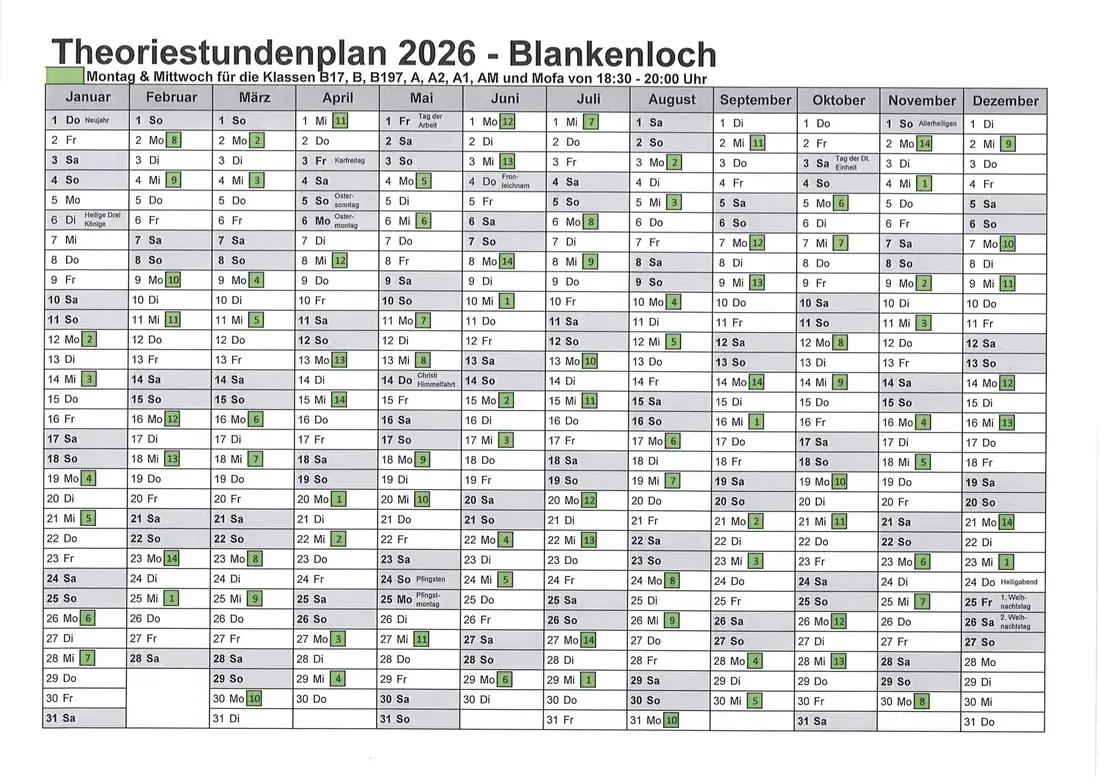 Theoriestundenplan 2026 – Stutensee – Jahreskalender mit allen Theorieterminen
