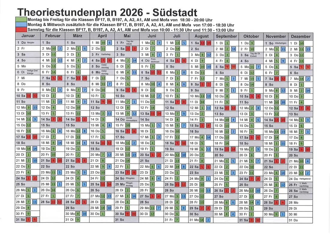 Theoriestundenplan 2026 – Südstadt – Jahreskalender mit allen Theorieterminen