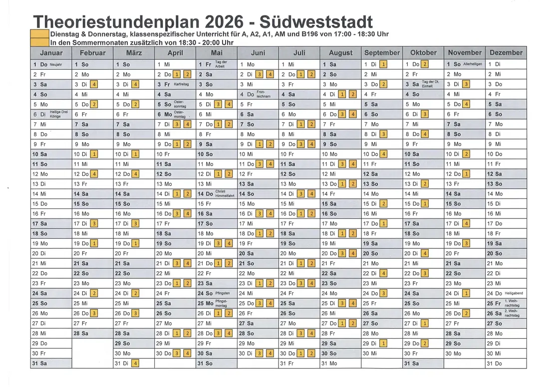Theoriestundenplan 2026 – Südweststadt – Jahreskalender mit allen Theorieterminen
