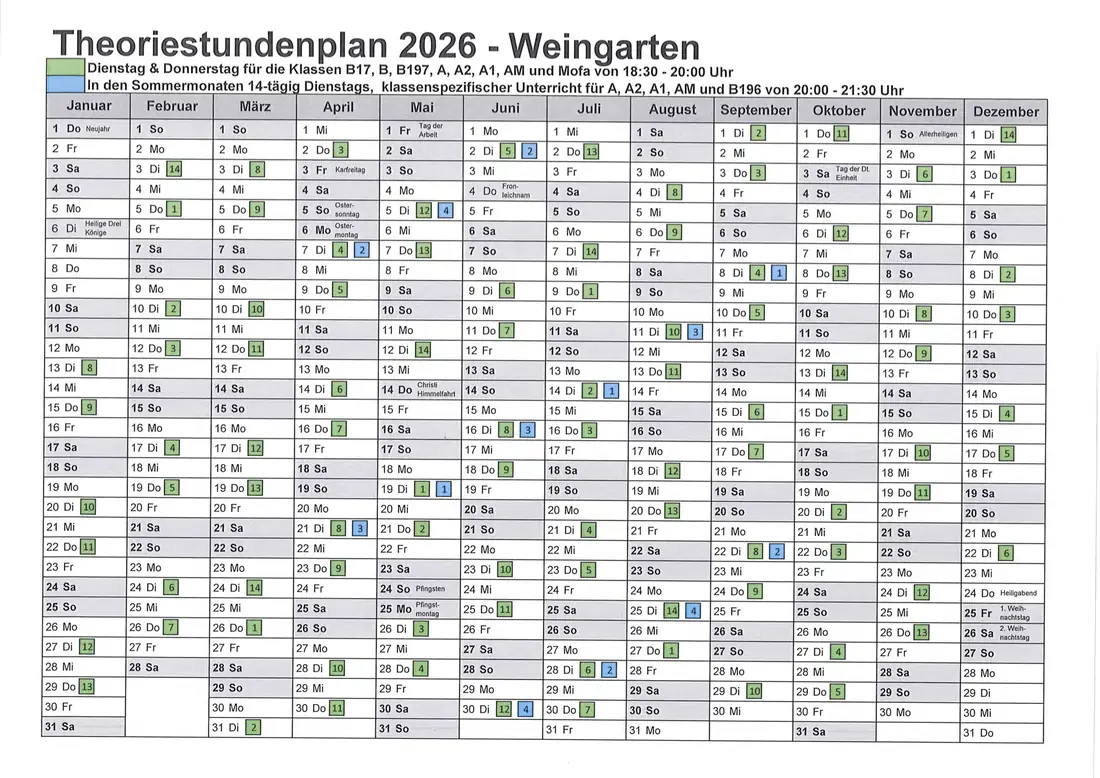 Theoriestundenplan 2026 – Weingarten – Jahreskalender mit allen Theorieterminen
